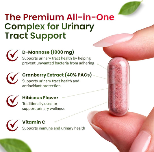 ForestLeaf D Mannose Supplements for Women & Men - D-Mannose 1000mg Capsules with Cranberry, Hibiscus & VIT C - DMannose Pills for UTI, Urinary Tract & Bladder Support - 120 Caps